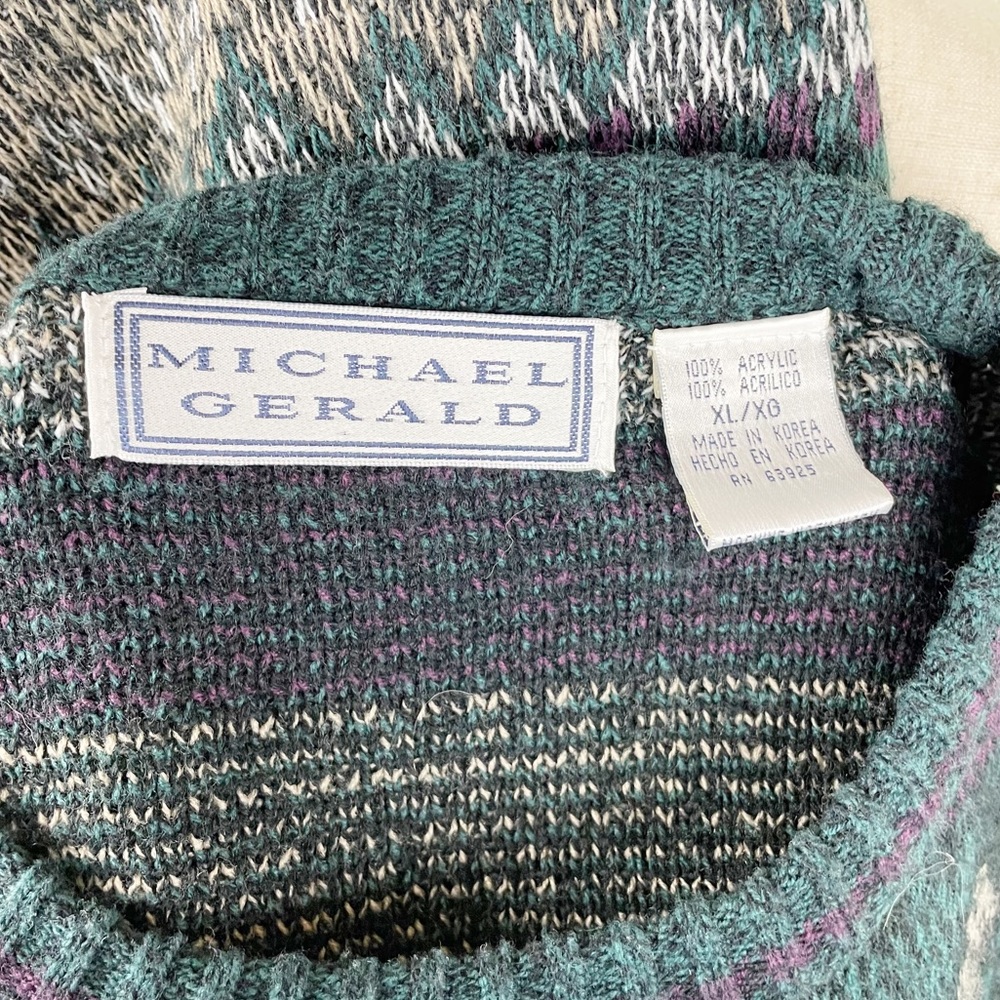 Vintage 80s 90s Michael Gerald Acrylic Knit Geometric Print Grandpa Sweater XL - Picture 6 of 6
